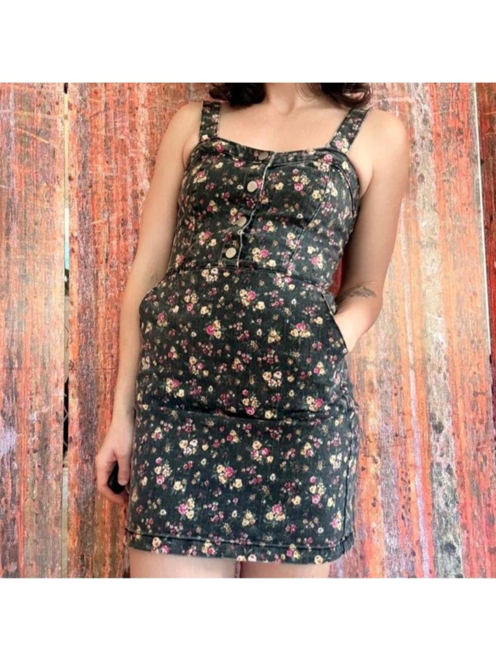 printed floral denim mini dress with buttons and pockets